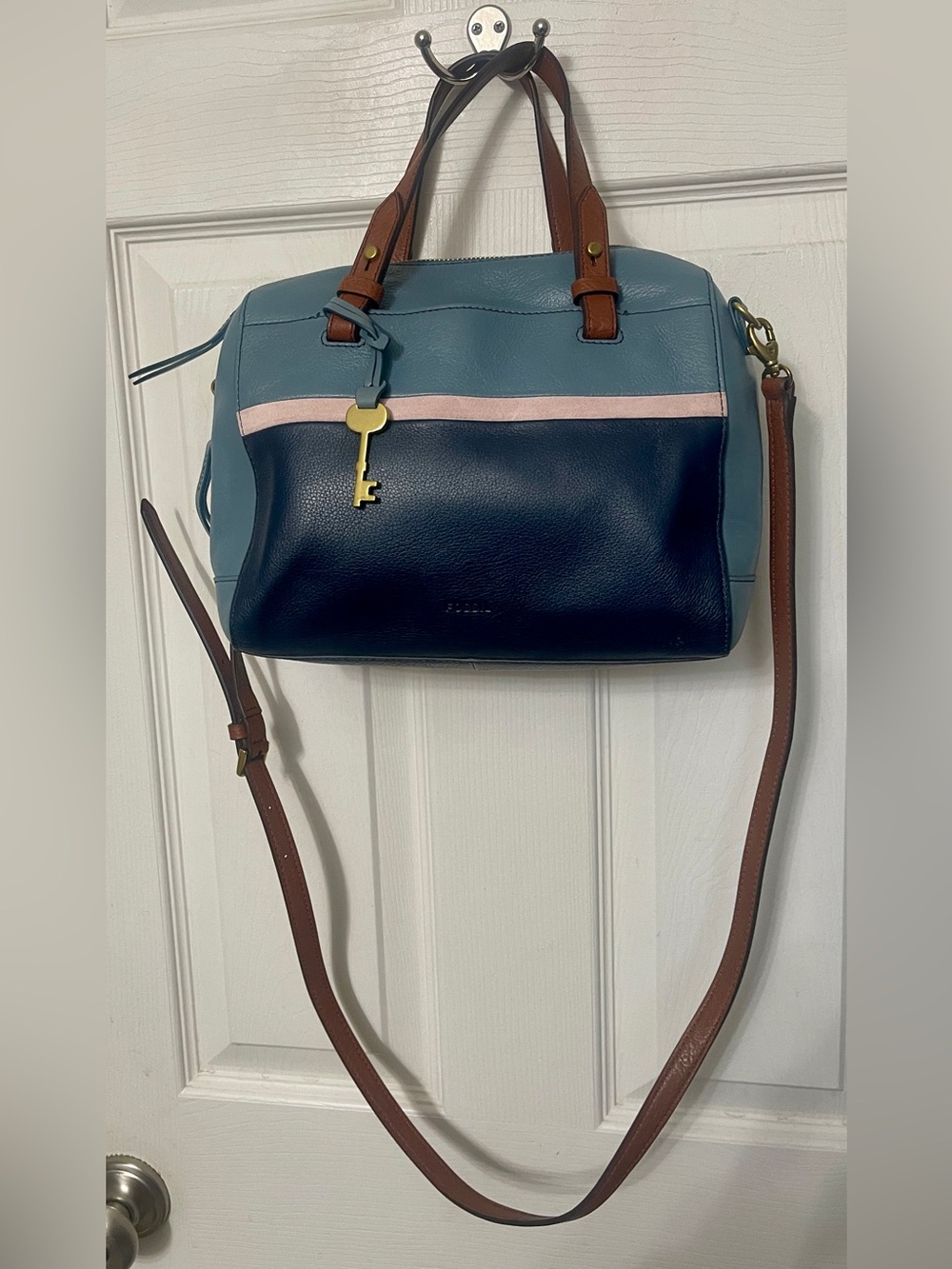 FOSSIL RACHEL 2-Tone Twilight Blue Leather Convertible Satchel Crossbody Bag